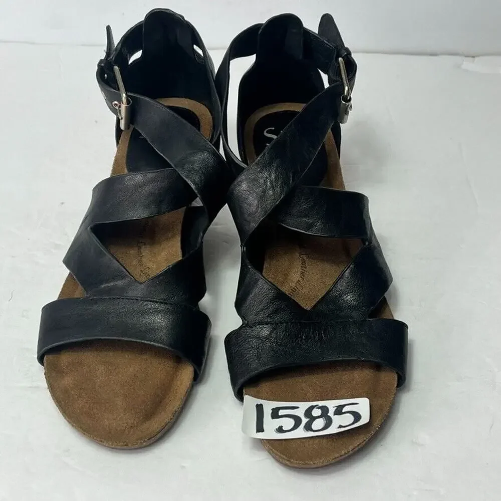 Sofft Sandals Womens 9M Black Leather Crukis Wedge Cushioned Open Toe Adjustable